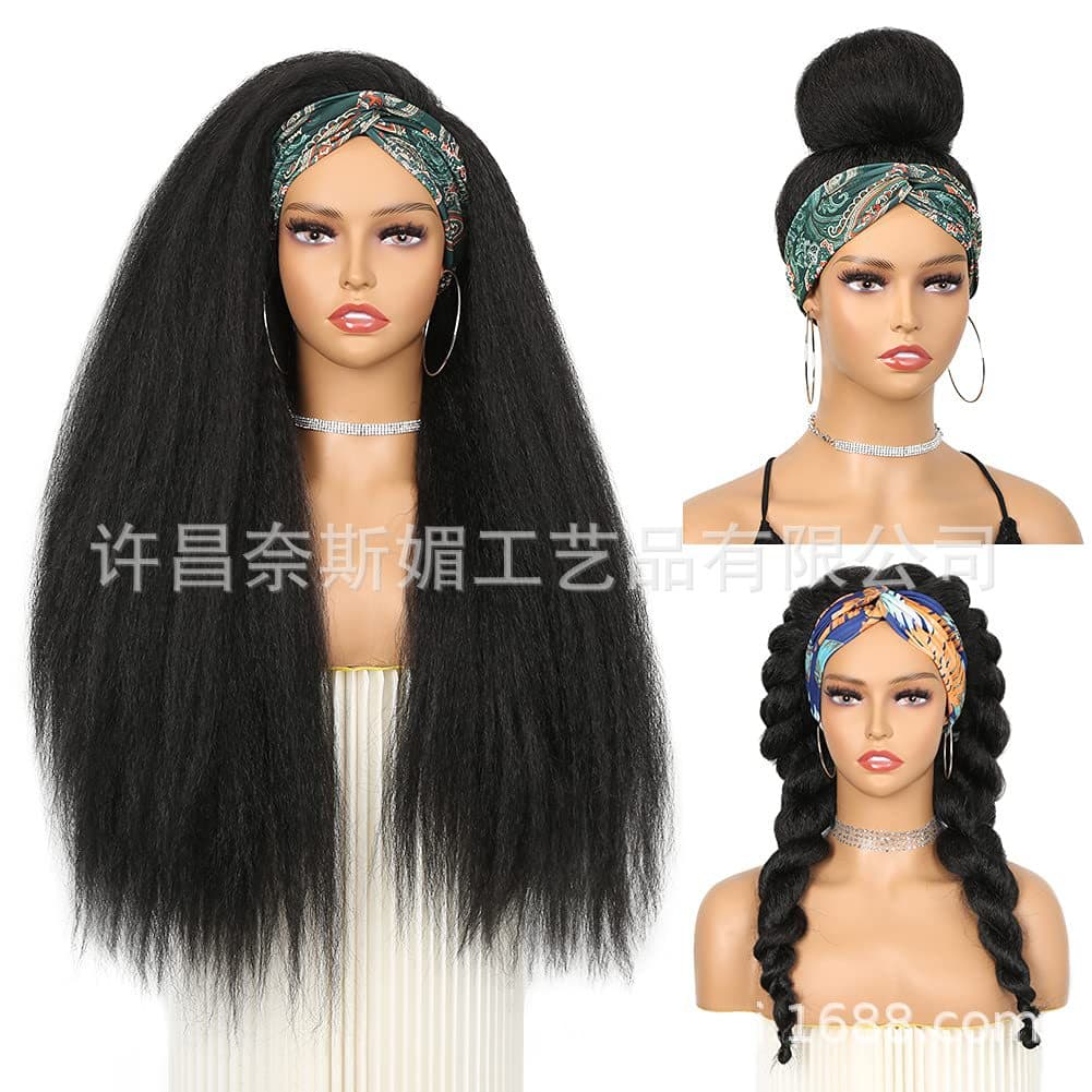 European and American Women's Wigs, Black Long Straight Hair, High-Temperature Synthetic Fiber Fluffy Headscarf Wig