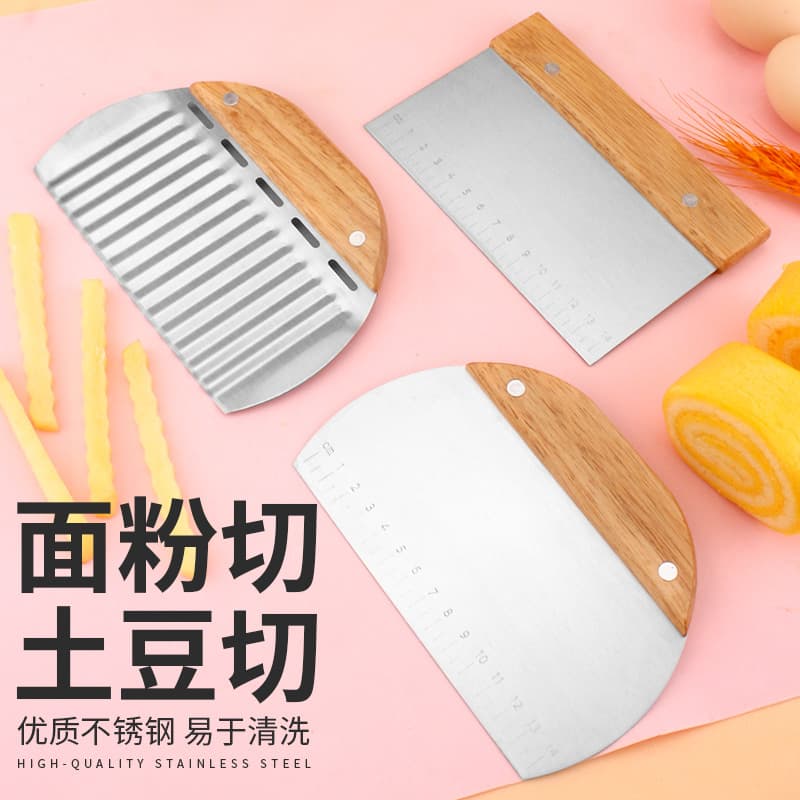 Cross-Border Wooden Handle Slicing Knife, Graduated Flour Cutter, Serrated Potato Slicer, Corrugated French Fry Cutter, Rice Noodle Scraper