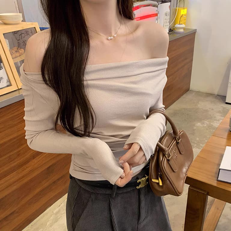 ins pure desire sexy one-shoulder sling collar off-shoulder slim long-sleeved T-shirt women's spring and autumn temperament hot girl bottoming tops women