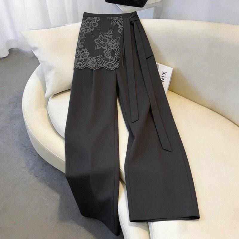 Gray Faux Two-Piece Ribbon Lace Suit Pants for Women 2026 Summer New Korean Style Premium Wide-Leg Trousers