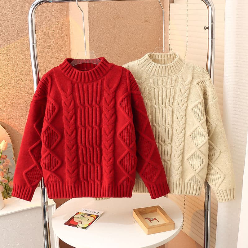 Winter Girls Cable Knit Sweater Thick Chunky Yarn Retro Cherry Red Fashion Warm Loose Fit Chinese New Year
