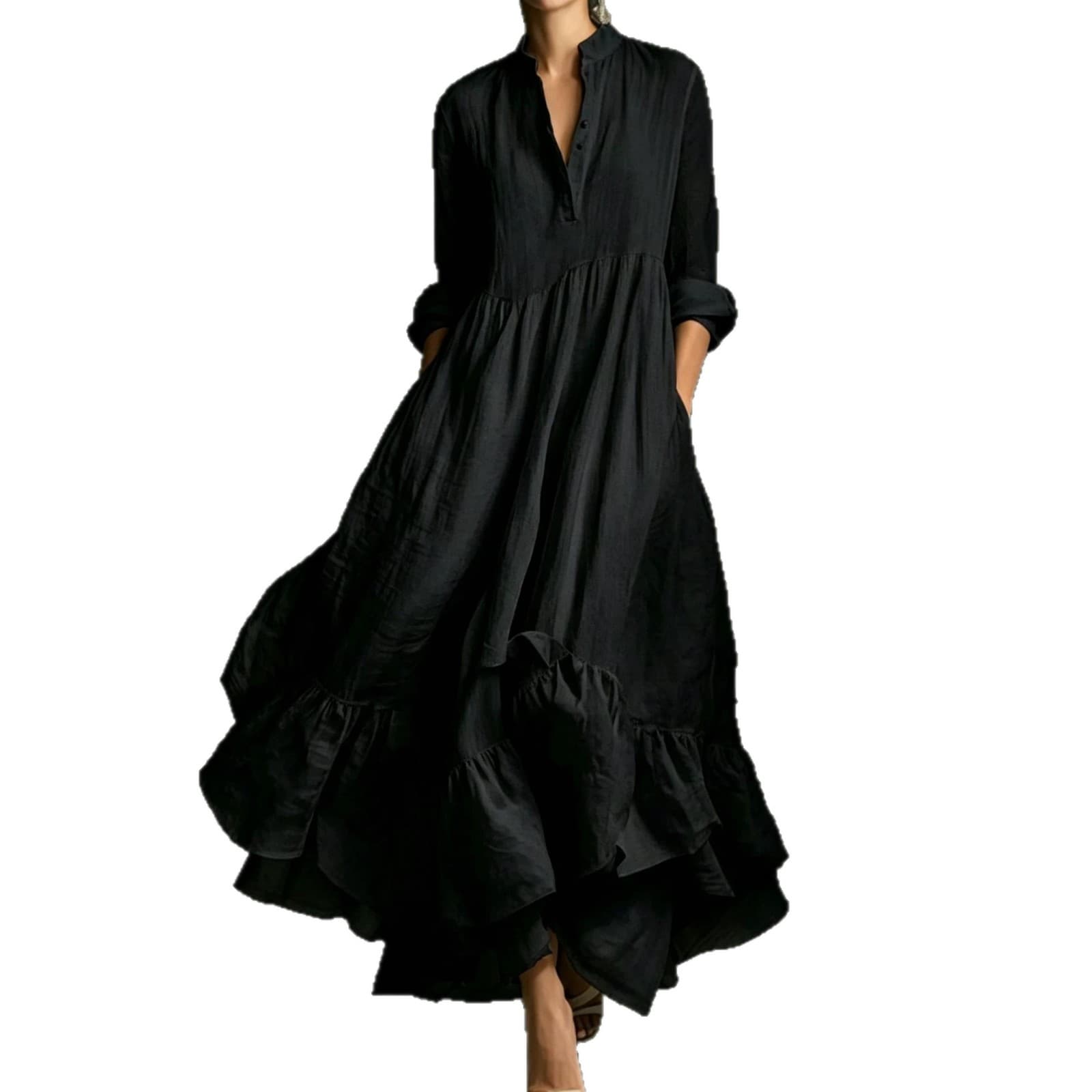 2026 Cross-border European and American Women's Fashion Independent Site New French Summer Simple Elegant V-Neck Flared Long Dress