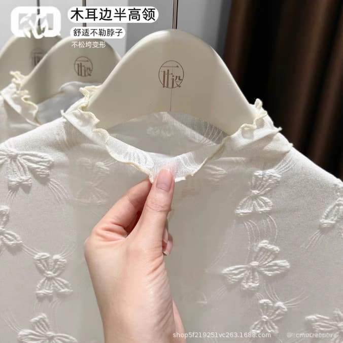 2025 New Off-Shoulder Lace Trim Top Autumn Winter Butterfly Jacquard Half Turtleneck Inner Mesh Blouse