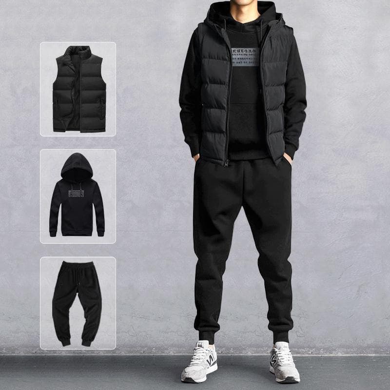 Men's Autumn Winter Hooded Sweatshirt Vest Casual 3-Piece Set Fashionable Simple Sporty Hooded Outfit