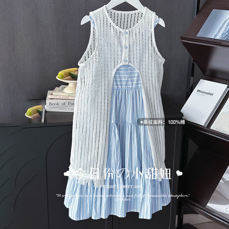 Girls Dress Summer 2026 New Resort Style Girls Suspender Skirt Children's Hollow Two-piece Princess Dress