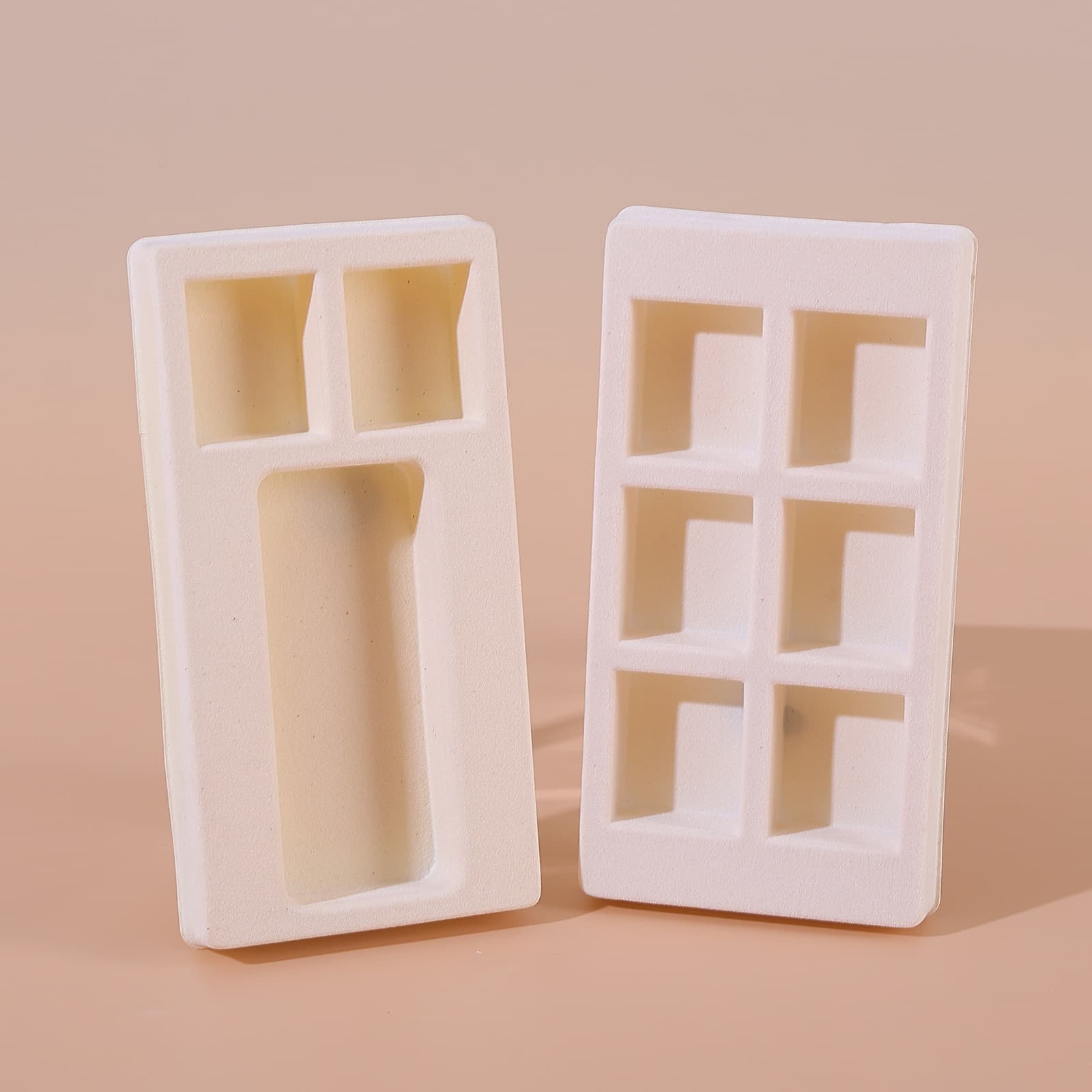 Multi-compartment flocked foam insert for cosmetic tool gift box, EVA integrated molded partitioned cushion liner processing