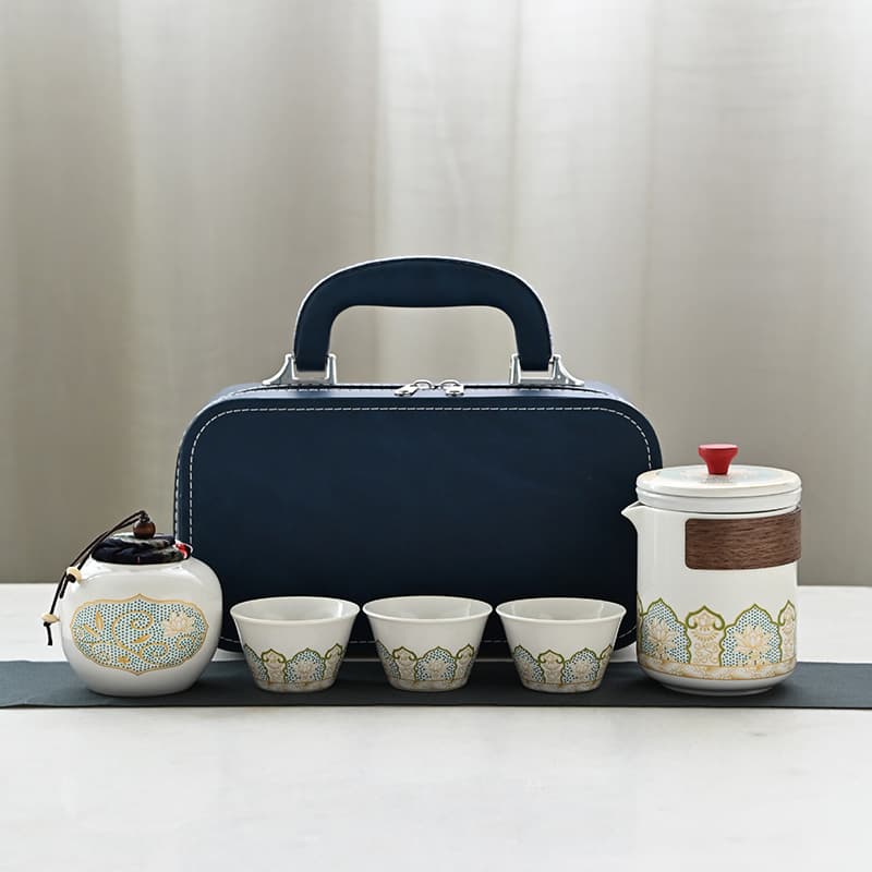 Blue-Wrapped Classic Charm Travel Tea Set - Portable Ceramic Quick Cup with Subtle Fragrance, Outdoor Tea Brewing Pot Gift