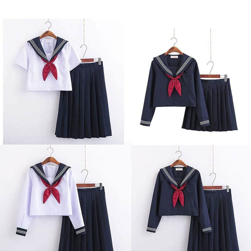 Navy Collar White Triple-Stripe JK Uniform Skirt, Dark Navy Triple-Stripe Orthodox Sailor Uniform, Delinquent Sailor Uniform JK Short-Sleeve Set for Women