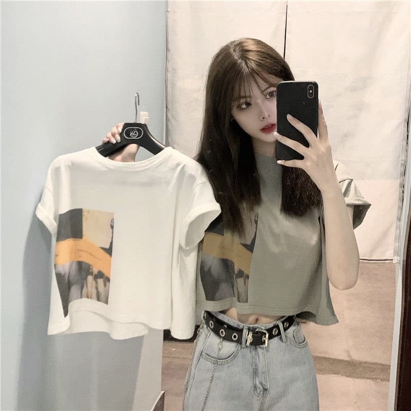 2025 Summer Trendy Short-Sleeve T-Shirt for Women, Cropped Top, Student Korean Style, Loose Fit, New Design, Stylish Crop Top, Ins Trend