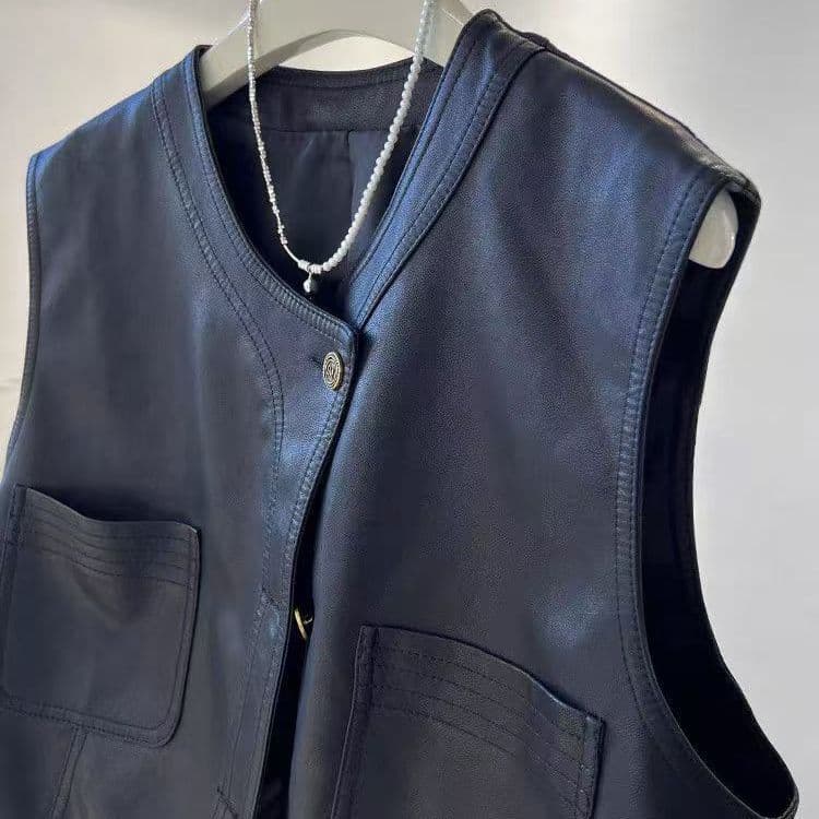 Korean Retro Short PU Leather Motorcycle Vest Spring Jacket Sleeveless Vest Black