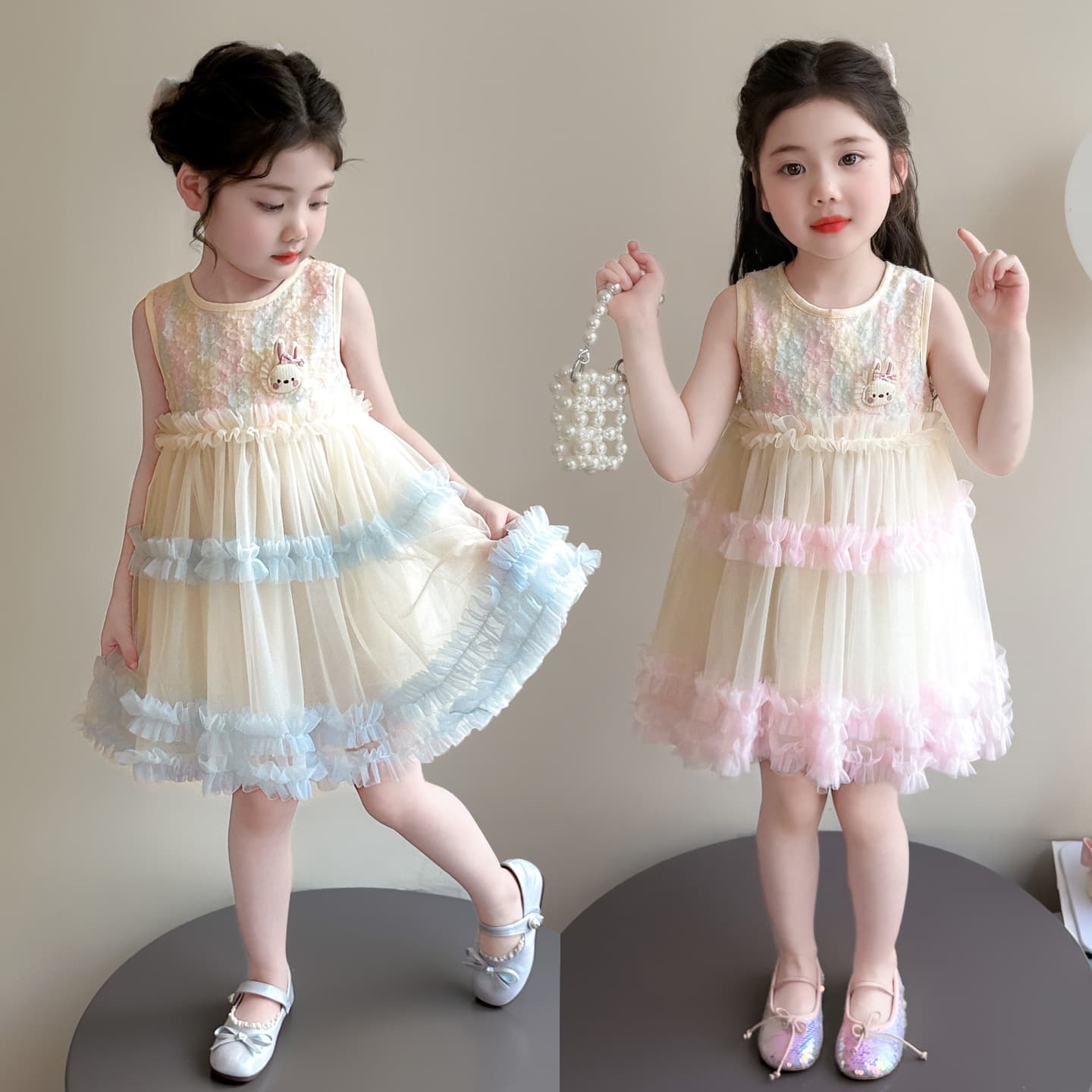 Girls Summer Cute Rabbit Cake Dress 2026 New Baby Girl Sweet Mesh Princess Dress Western Style Dress