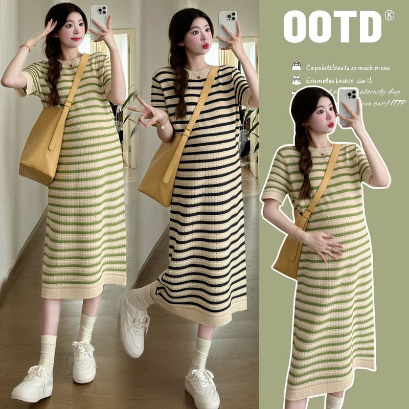 2024 Summer New Maternity Wear, Internet Famous Fashion Perforated Knit Cool Feeling Fresh Dress