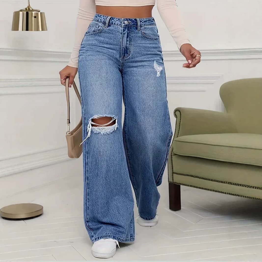 Cross-border Magic Spun Wide Leg Straight Best Selling High Waist Floor-Mopping Pants Women's Ripped Jeans Women's Light Blue Amazon 2026