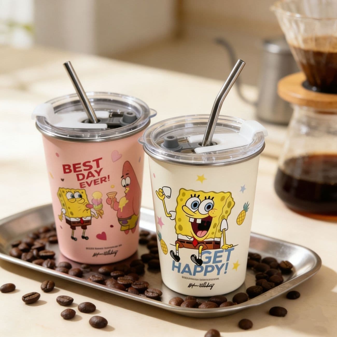 SpongeBob Straw Cup, Portable Coffee Cup, Juice Cup, Water Cup, Ins Style, High-End Portable Stainless Steel