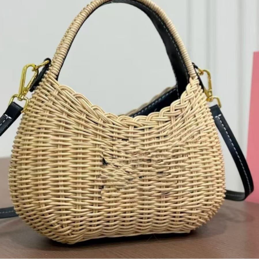 In Stock Miu New Seaside Vacation Style Woven Straw Bag with Letter Design, Fashionable Rattan Bag, Handbag for Women
