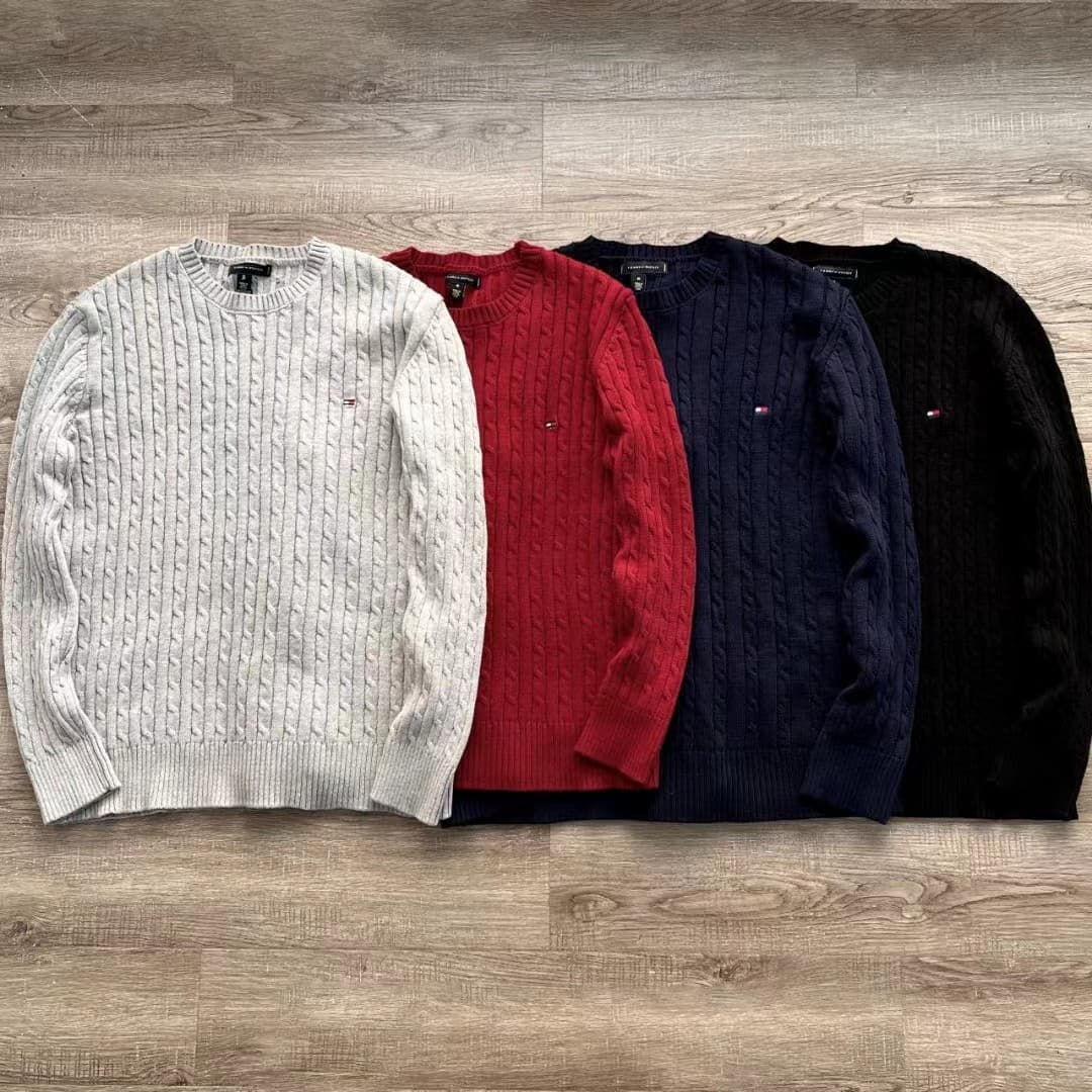 In Stock Fall/Winter Tommy Men's Crew Neck Embroidered Pullover Chunky Knit Long Sleeve Loose Fit Sweater