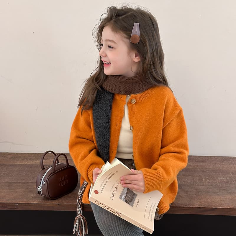 Elmo Baby Girls' Korean Style Chic Knitted Cardigan, Brightening Orange Sweater Top