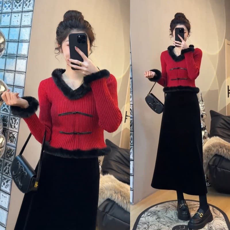 Women's Set: Solid Color Patchwork Furry V-Neck Pullover Sweater + Mid-Length Slimming Velvet Thick Skirt