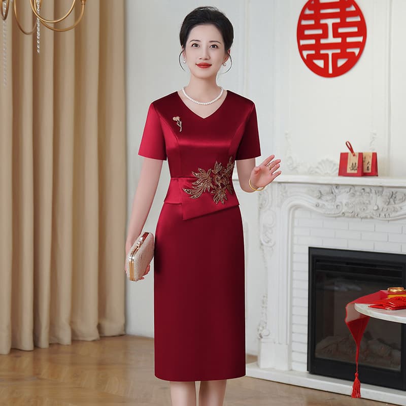 Mother of the Bride Wedding Banquet Dress New Summer Fitted Slimming Red Dress for Toasting