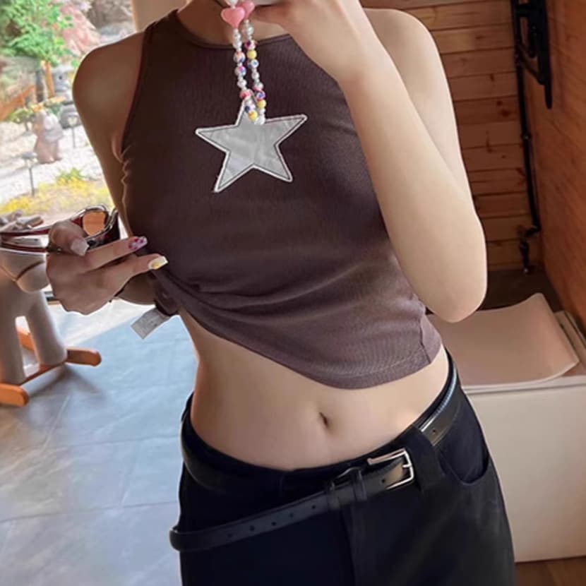 European and American Summer New Trendy Street Style Star Patch Round Neck Sleeveless Crop Top Vest