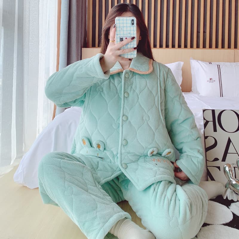Thickened Baby Fleece Cotton-Padded Cartoon Discharge Outfit Postpartum Mom Nursing Feeding Anti-Peep Warm Set Winter