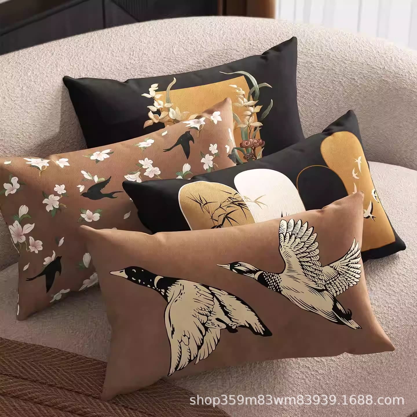 New Chinese Style Flying Bird Vintage Zen Living Room Rosewood Sofa Long Cushion Throw Pillow Cover Factory Direct