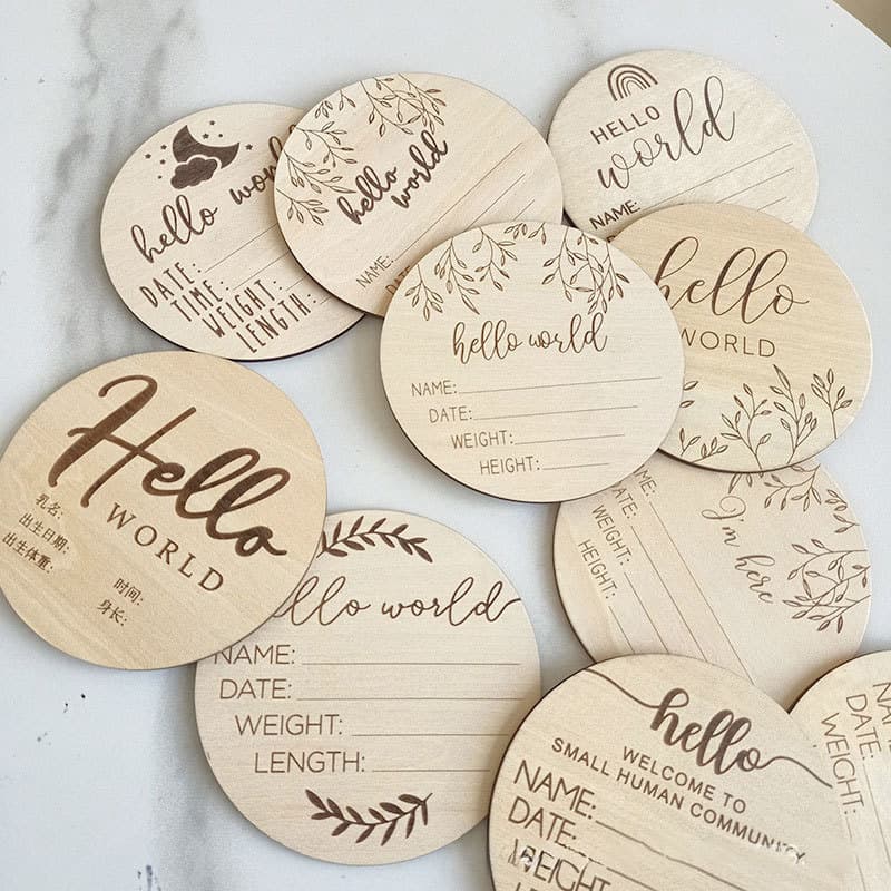 Wooden Newborn Growth Memory Card Album Hello World Newborn Photo Prop Round Wood Slices