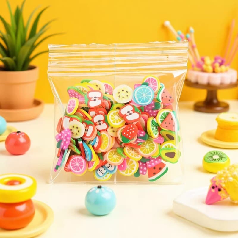 The manufacturer supplies 3g bags of soft clay fruit slices, soft clay particles, soft clay five-pointed stars, love snowflake discs, slices
