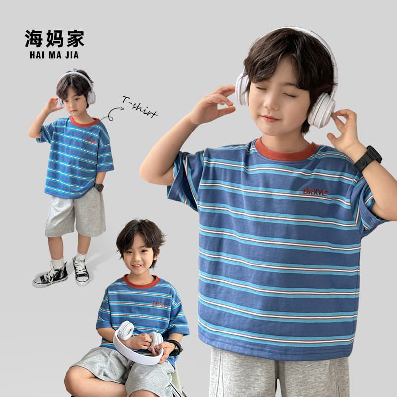 Boys' Korean Style Cotton Striped Short Sleeve T-Shirt Stylish Kids Clothes Haima's 2026 Summer New Medium Big Kids