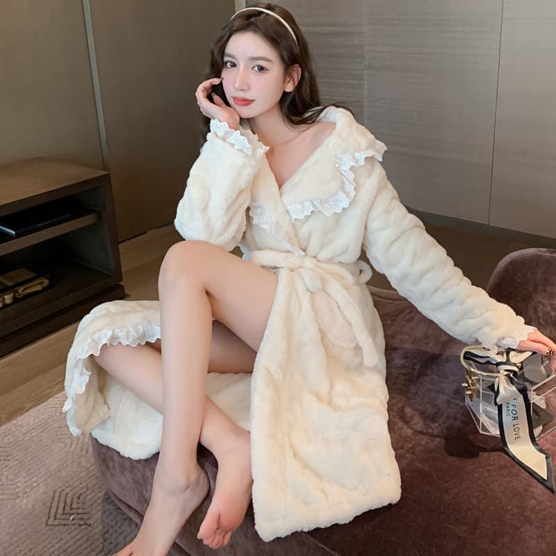 Sexy Flannel Thickened Korean Fashion Lace Trim Bathrobe Coral Fleece Warm Bathrobe Pajamas Winter