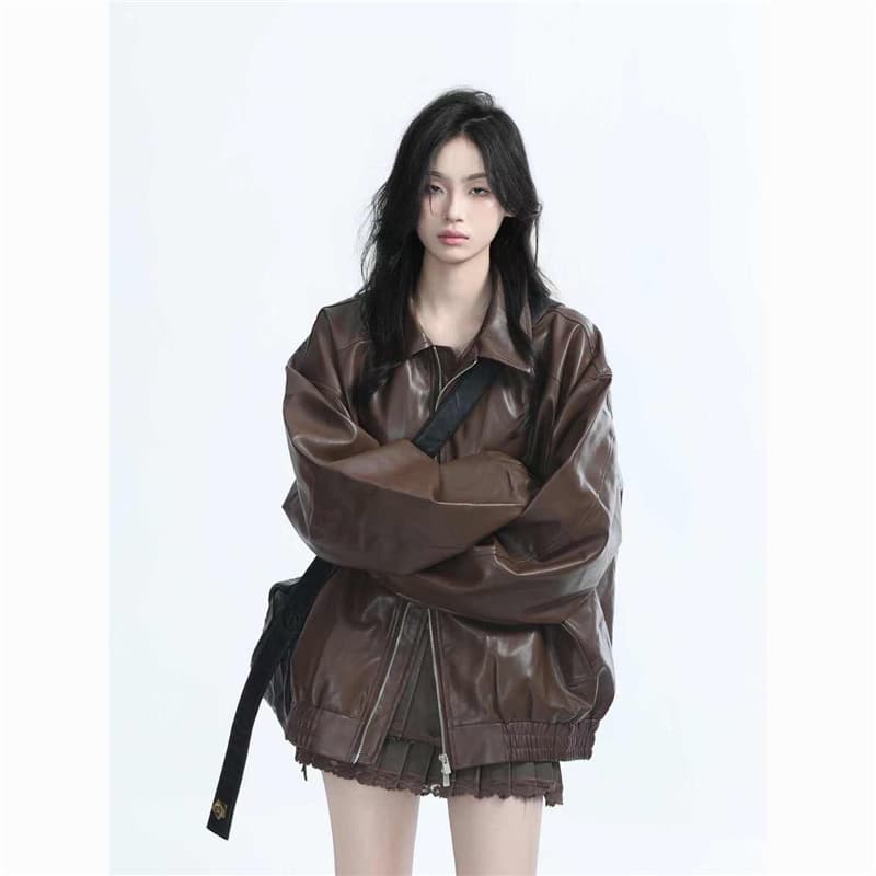 American street retro motorcycle jacket, black leather coat, women's spring and autumn heavyweight loose jacket top