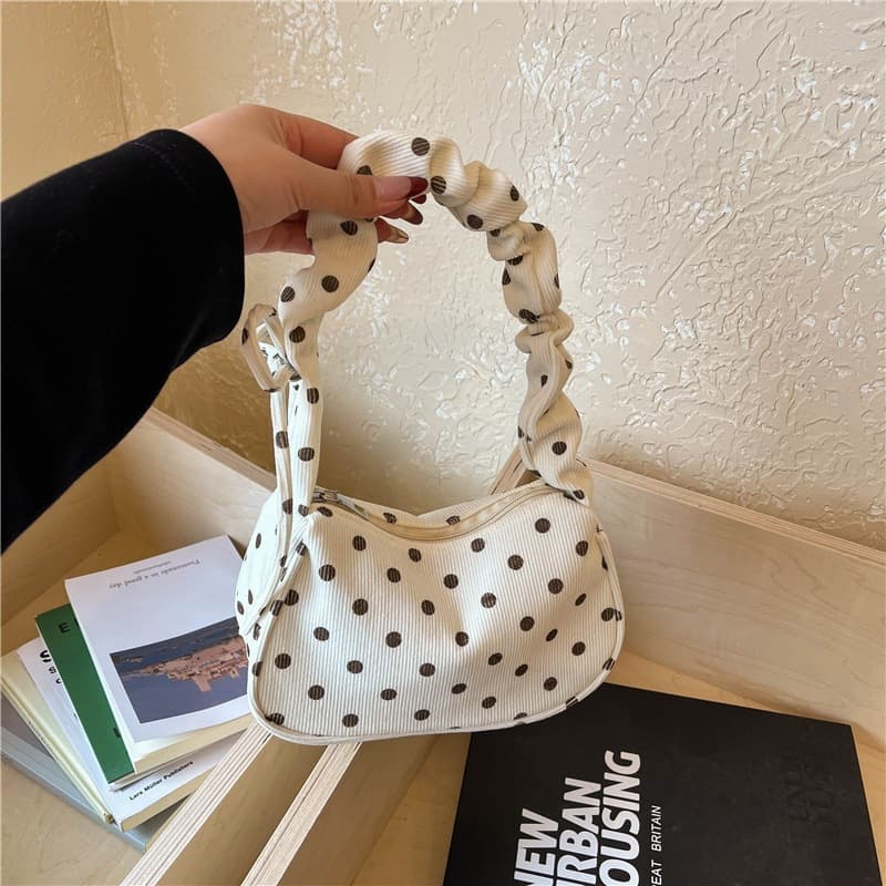 2026 Summer Korean Style Polka Dot Ruffle Strap Shoulder Bag Large Capacity Commuter Handbag Hobo Bag for Women