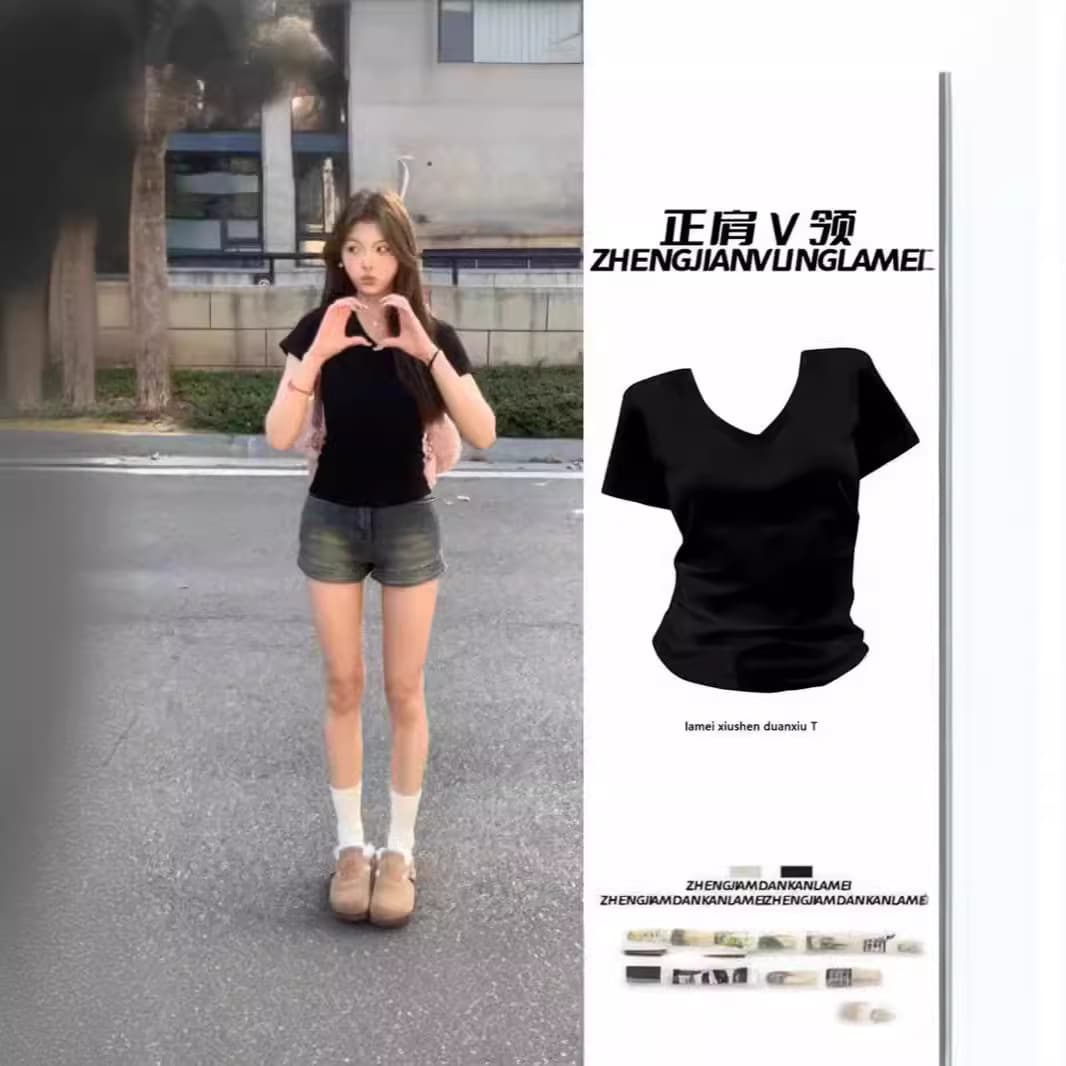 American-style V-neck, off-shoulder, pure and alluring black short-sleeved T-shirt, new summer style, slim fit, sexy, niche, slimming, versatile top.
