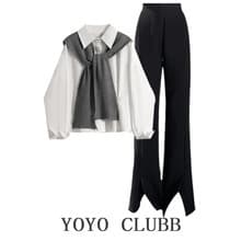 2025 New Korean Style Blouse Top for Women with Shawl and Flared Pants Three-Piece Set