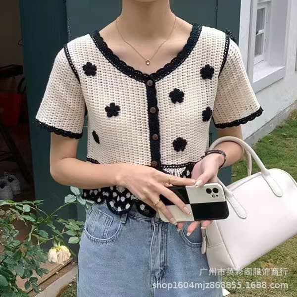 3D Floral Hollow Knit Cardigan Women's Summer New Slim Fit Fashion Contrast Color Short Top