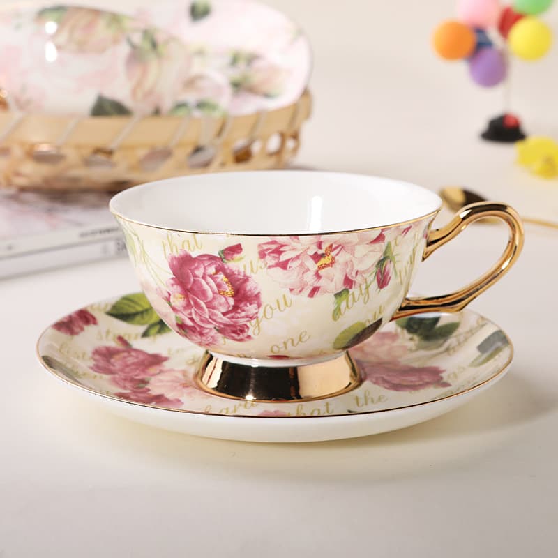Tangshan high-end bone china tea cup and saucer set creative coffee cup gift box ceramic pattern retro gift cup