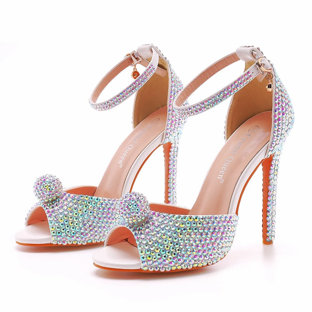 11cm Fish Mouth Stiletto Heel Sandals, Rhinestone Ball Open Toe One-Strap Plus Size Stiletto Heel Sandals, Round Toe Sandals