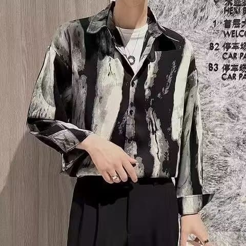 Light mature style high-end loose ink print shirt men's long-sleeved retro ins floral drape shirt handsome and trendy