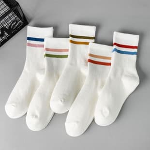 Women's Striped Two-Bar Spring Autumn Cotton Socks, Mid-Calf Breathable Moisture-Wicking Sports Socks, Women's Factory Direct
