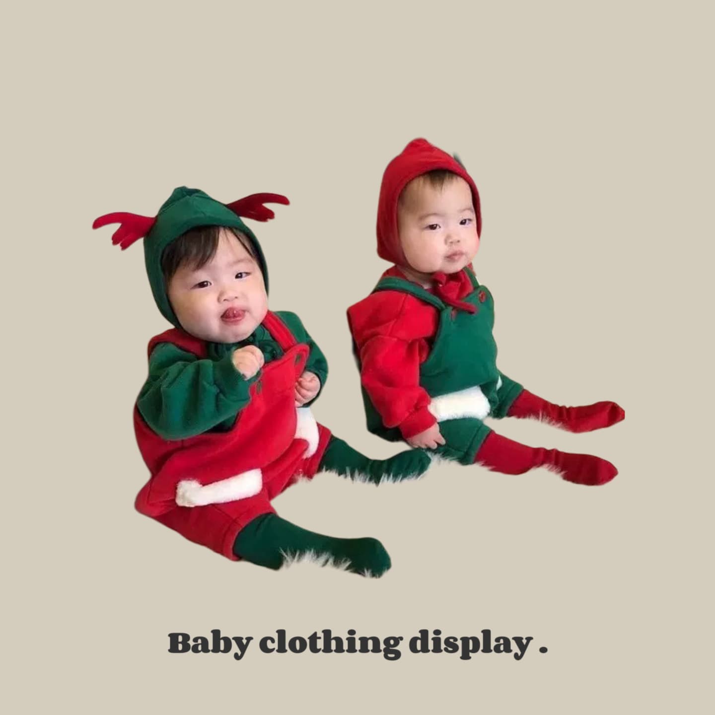 Baby Long-Sleeve Red and Green Christmas Overalls Romper Fleece-Lined Bodysuit Set for Christmas Photo