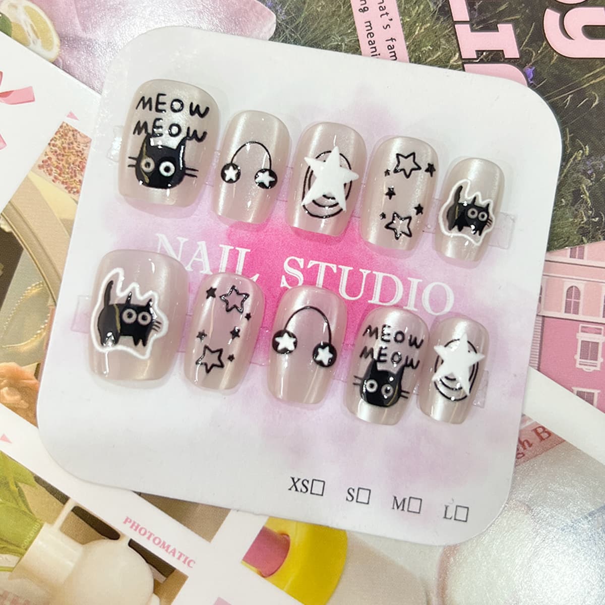 Cross-border Sweet Black Kitten Nail Stickers Handmade Cute Cat Eye Wearable Nails with Nail File Jelly Glue False Nails