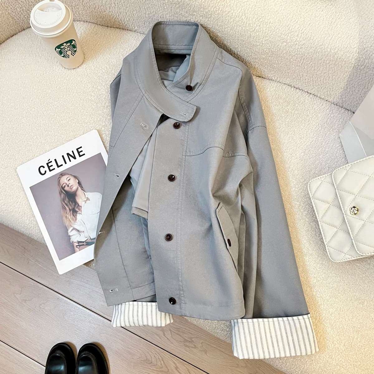 Blue fashionable lazy windbreaker jacket for women 2025 spring new style fashionable cuffs striped design top