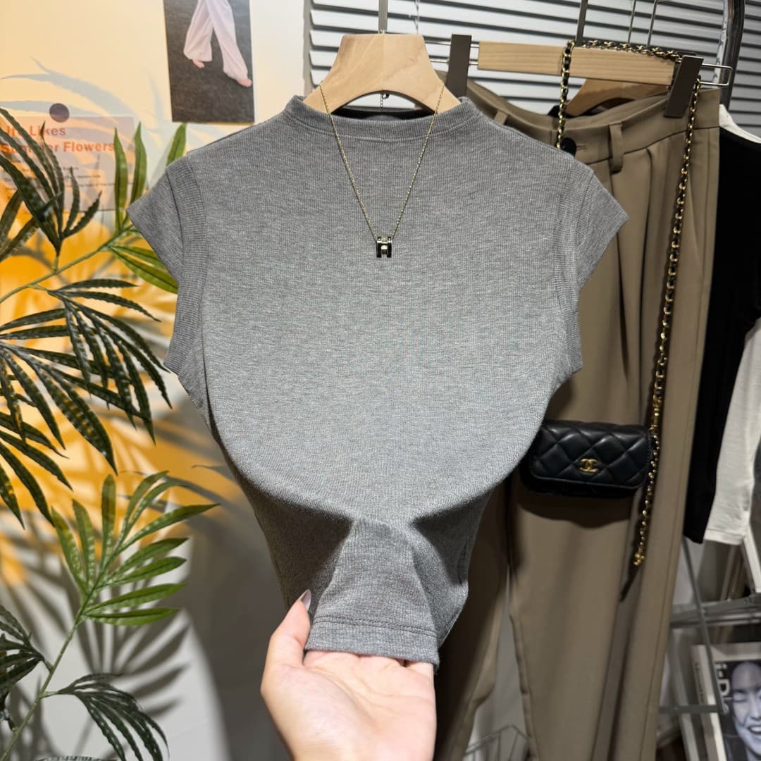 Korean style slim design small high collar small flying sleeves short-sleeved T-shirt for women 2026 summer new bottoming slimming top