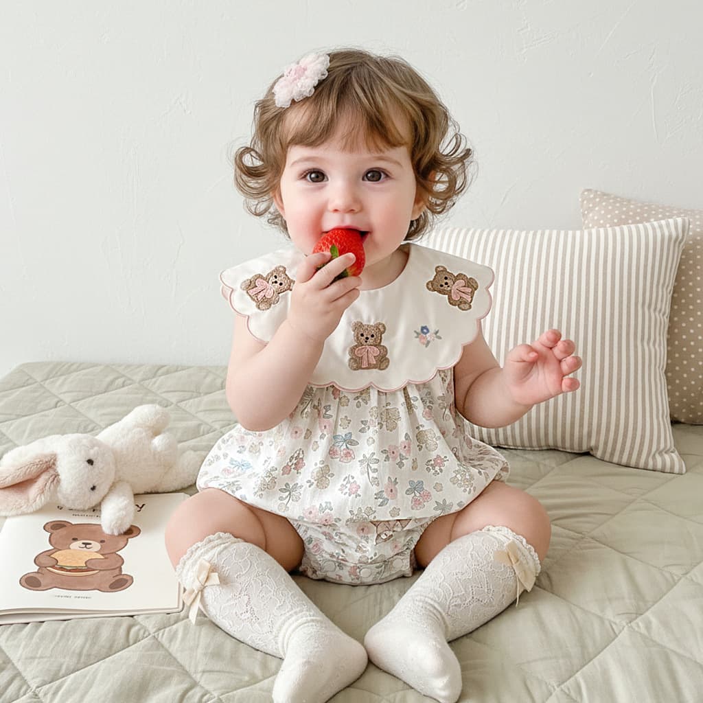 2026 New Summer Girls Floral Romper Dress, Stylish Embroidered Bear Princess Romper Dress for Baby