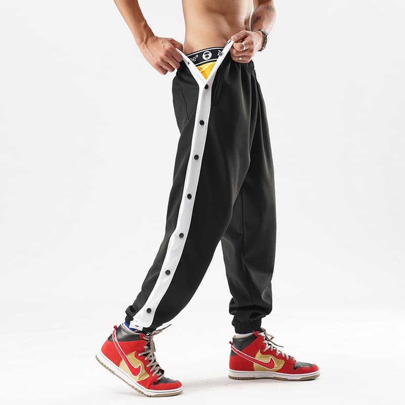 Men's Athletic Snap Button Pants Long Trousers Summer Thin Streetwear Sweatpants Loose Joggers Quick-Release Training Basketball Pants