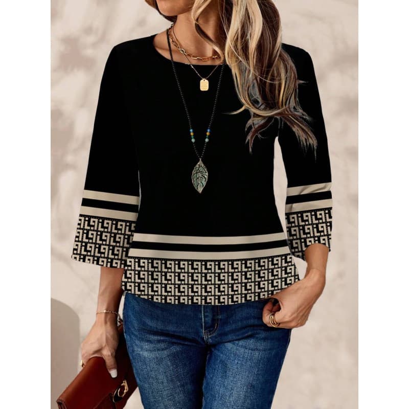 New Foreign Trade Cross-border Blouses Women's Casual Geometric Print Loose Round Neck