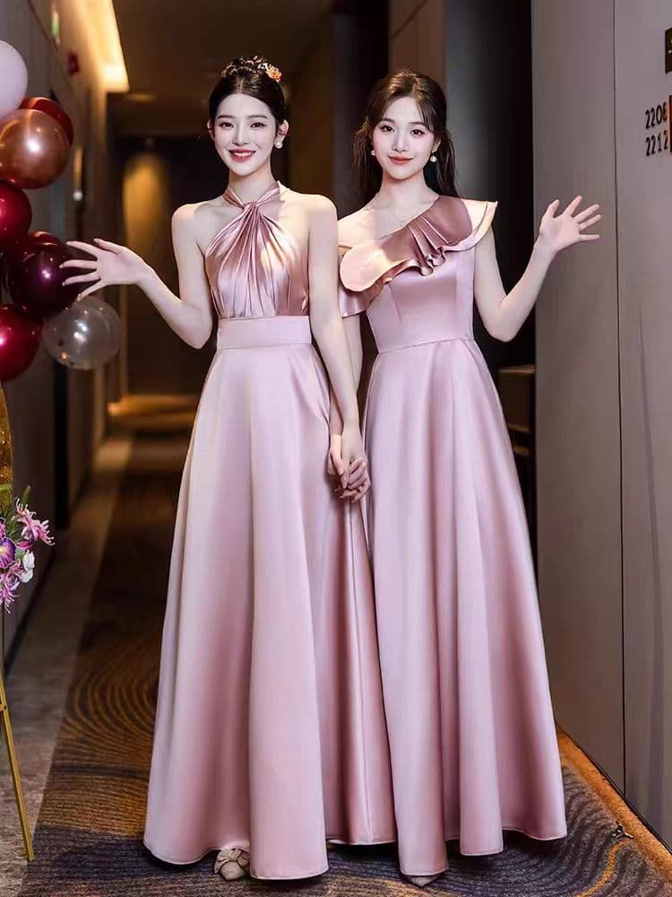 2026 New Bridesmaid Dress Pink Satin High-End Performance Dress for Sisterhood Birthday Evening Gown Wearable for Daily Use