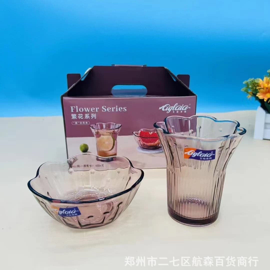 Aigela Bloom Two-Piece Glass Tableware Set: One Cup and One Bowl, Home Use, Business Gift, Member Gift