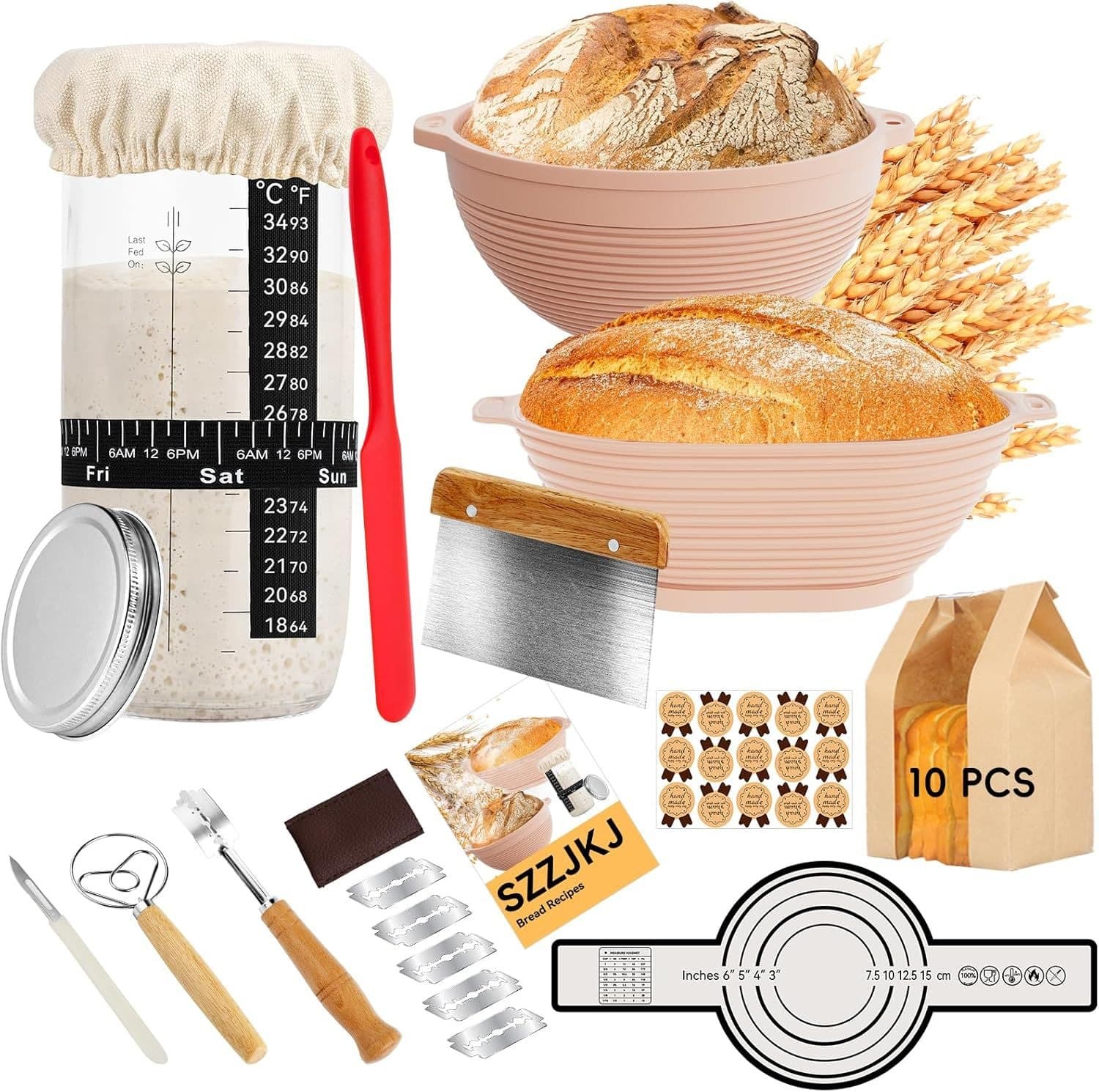 Silicone Bread Proofing Basket Set Home Baking Tool with Scraper, Brush, Flour Duster, and Round Proofing Container