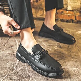 Jinbukang Men's Shoes One-step Martin Boots Heightening Driving Shoes Small Leather Shoes Black Work Shoes Men Loafers